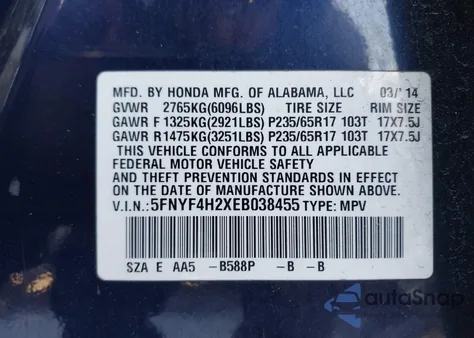 2014 Honda Pilot Lx z USA, uszkodzony, nr VIN 5FNYF4H2XEB038455